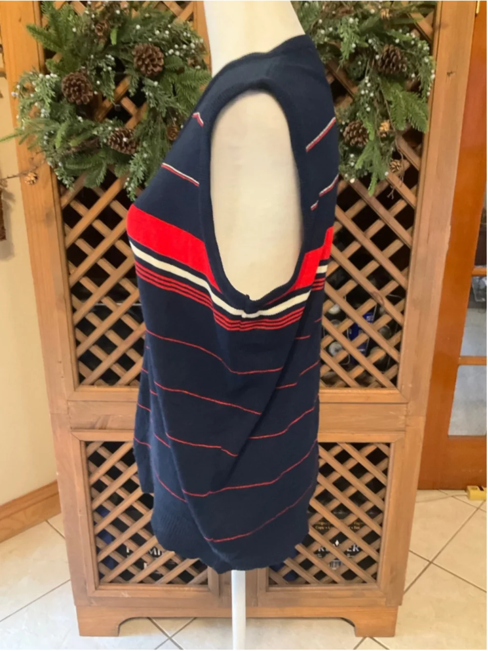 Vintage BHS Medium Navy Red Striped Sweater Vest Preppy Retro